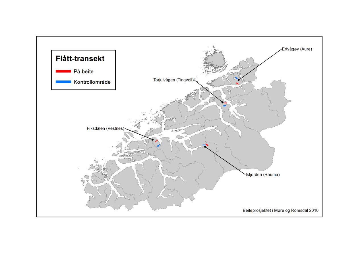 Fig 2 Fire område for flåttinnsamling i Møre og Romsdal Transekt på ca 500 meter vart teikna inn på kart og lagt inn på GPS. Kvart transekt inneheld 12 striper på à 10 meter.