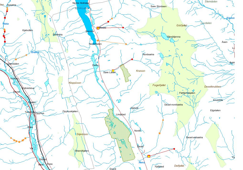 Kartutsnittet under hentet fra NVEs atlas over potensialet for små kraftverk der de fire prosjektene som er angitt med rødt med utbyggingsdata i tabellen under er de som er kalkulert med