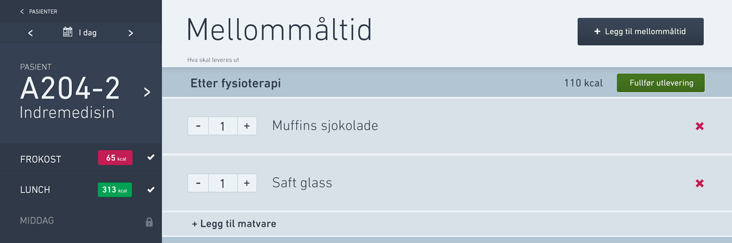 SCENARIO MELLOMMÅLTID EKSTRA MAT SERVERT TIL PASIENTEN 1. Sykepleier logger inn ved sjekkpunktet 2.