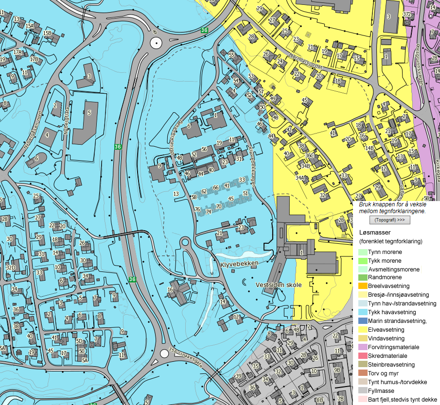 Figur 6. Løsmassekart (NGU) Grunnundersøkelsene gjennomført i planområdet viser at grunnen domineres av lagdelte masser av sandig, leirig silt/sandig siltig leire.