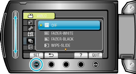 Avspilling Avspilling med spesialeffekter Du kan legge til effekter ved begynnelsen og slutten av innspilte videoer 1 Velg avspillingsmodus 2 Velg videomodus Innstilling OFF FADER-WHITE FADER-BLACK