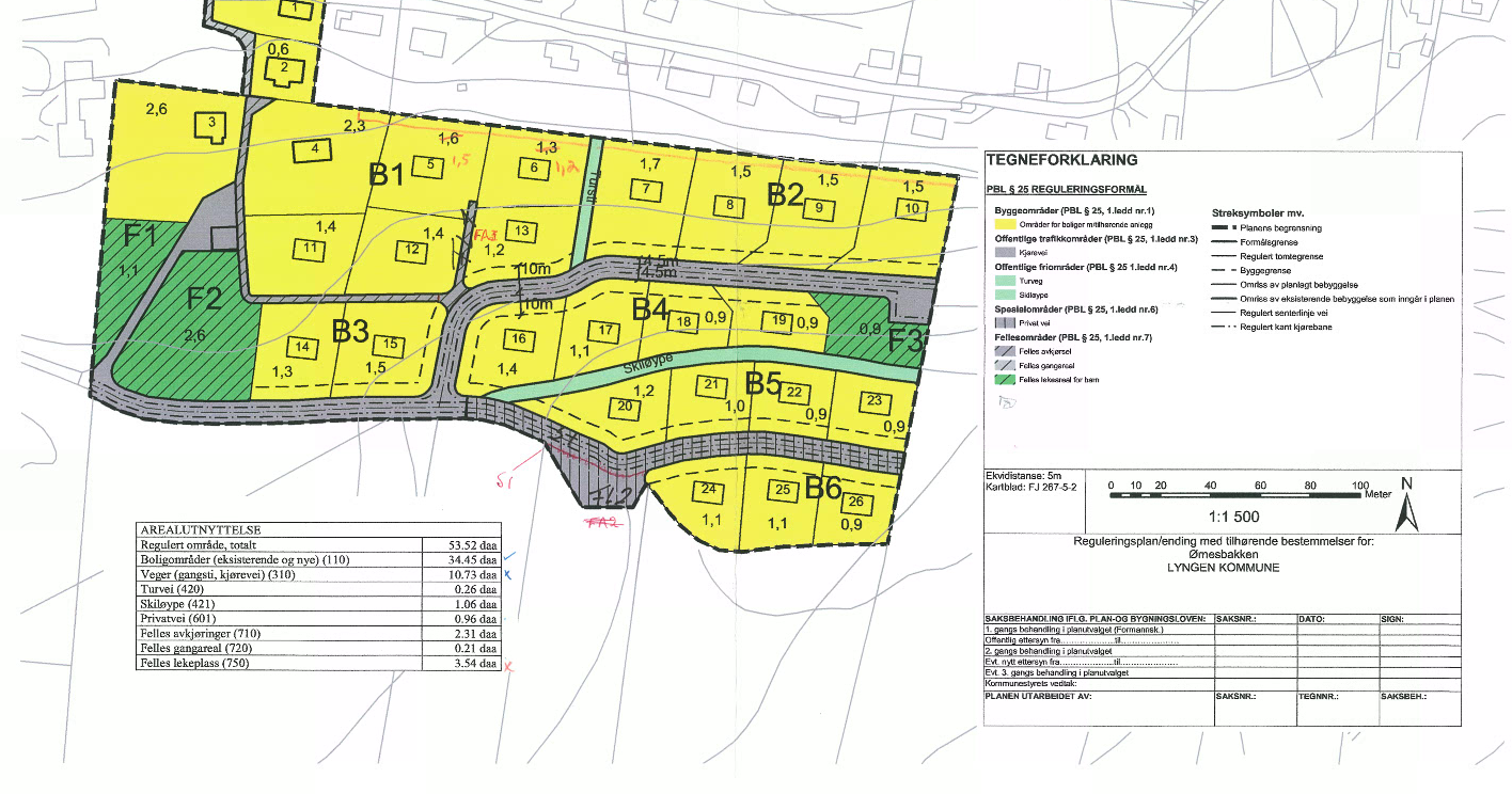 Det er Lyngen kommune som er grunneier av turstien. I plan og bygningsloven er byggegrensa til naboer 4 meter, dersom bygningen skal plasseres nærmere så må naboen(r) gi særskilt tillatelse.