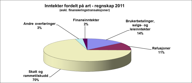 Inntektssiden Inntekter fordelt etter art Kommunens største inntekter er skatt og rammetilskudd. Av refusjoner utgjør syke-/fødselspenger, tilskudd ressurskrevende tjenester og mva.