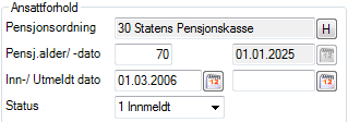 Opplysninger på ansatt I mappa Pensjon i meny Person ajourhold Personopplysninger ligger styreinformasjonen for pensjon på ansatt.