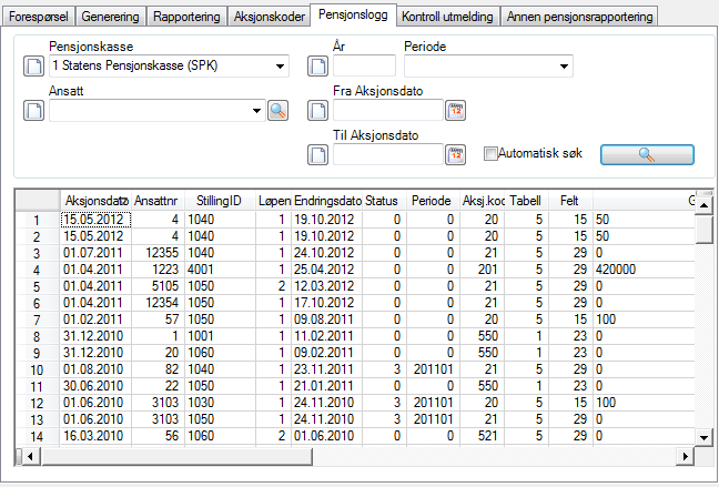 Pensjonsloggen Rapporter Pensjonsrapportering Pensjonslogg Her vil det legge seg transer fortløpende fra vedlikehold av persondata som medfører logging fra de forskjellige Persona programmene.