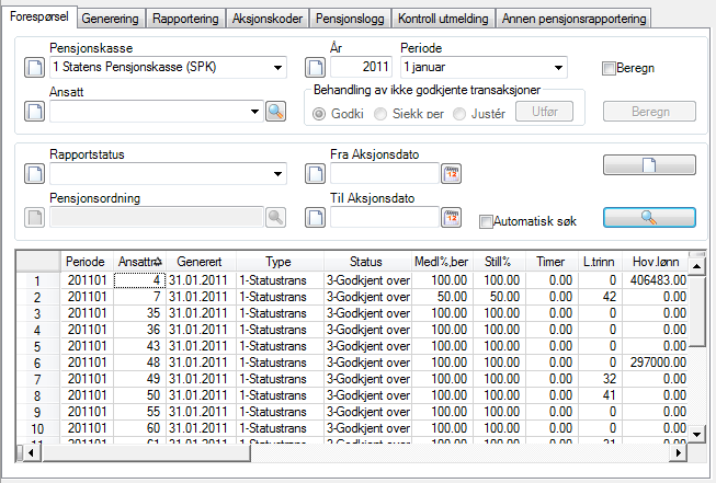 Ved å velge forskjellige utplukkskriterier som ansattnr eller rapportstatus, kan du få oversikt over Meldingstransene du ønsker å se nærmere på.