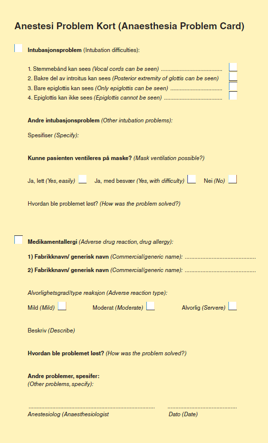 Andre komplikasjoner ved anestesi. Anafylaksi ved anestesi er eget punkt på anestesiproblemkortet.