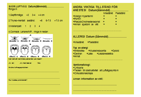 Figur 3 Det svenske anestesiproblemkortet Kjernejournalen bør derfor inneholde mulighet for å registrere: Intubasjonsproblem (ICD-10 T88.