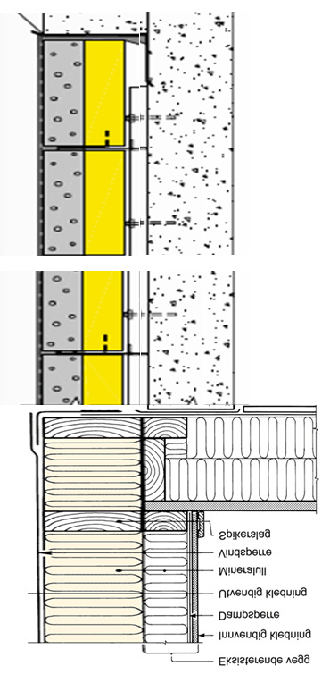 Prinsippoppbygging. Dampsperren kan monteres på innsiden av utvendig etterisolering/veggelement. Ev eksisterende innvendig dampsperre må da fjernes.