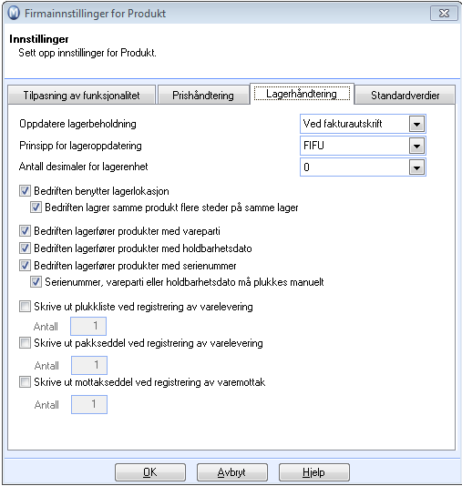 Fanekortet Lagerhåndtering inneholder viktige innstillinger for hvordan lageroppdateringen skal skje, samt at du kan tilpasse funksjonalitet her.