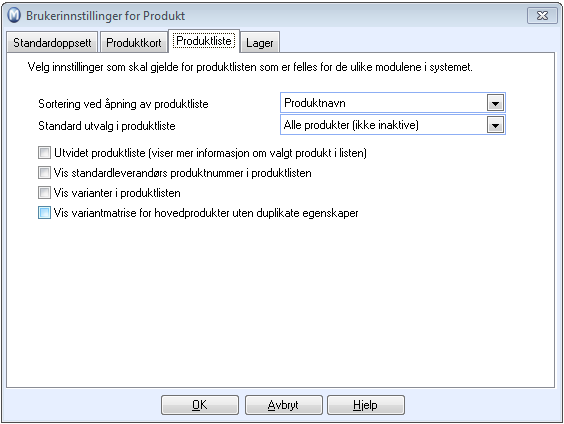 I Produktregisteret, Ordre/Faktura og Innkjøp har du tilgang til Produktliste. Her kan du sette ønskede innstillinger for sortering og utvalg ved åpning av produktlisten.