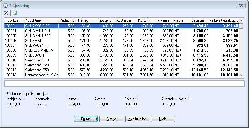 Global prisjustering Noen ganger kan det være nødvendig å gjøre prisjusteringer på et utvalg produkter. Denne muligheten finner du under Vis/Produkt/Global prisjustering.