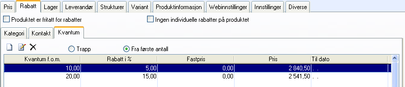 Kvantumsrabatt Kvantumsrabatt kan enten settes som en Trapp, eller som gjeldende Fra første antall for hvert enkelt produkt.