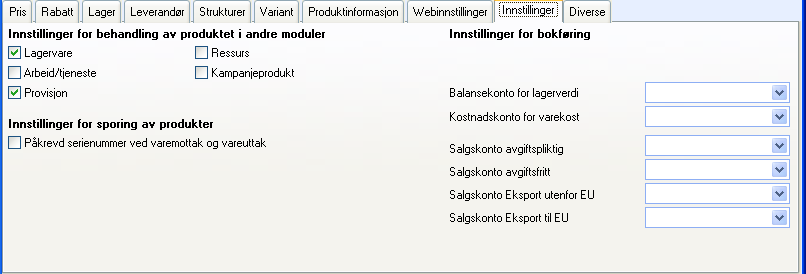 Innstillinger For hvert enkelt produkt kan det settes innstillinger for hvordan produktet skal behandles i forhold til integrasjon, kjøp, salg og lager. Du kan f.eks.