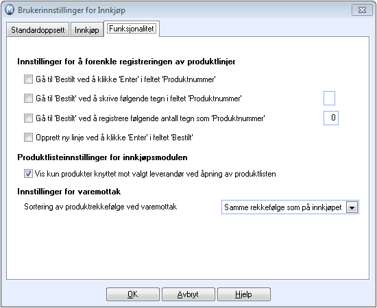 Innkjøp Her velger du hvilke elementer som skal vises på innkjøpskortet. Legg merke til at med for mange kolonner i produktlisten kan den bli uoversiktlig.