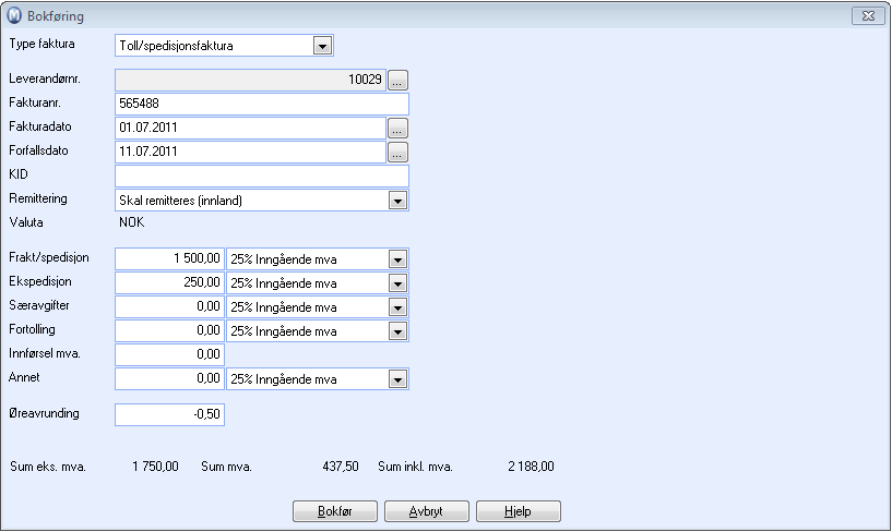 Bokføre Toll/Spedisjon Når du kjøper inn varer kan det følge med faktura for frakt fra selskapet som har levert varene og fra Tollmyndighetene for innførsel av varer og eventuell MVA man må betale.