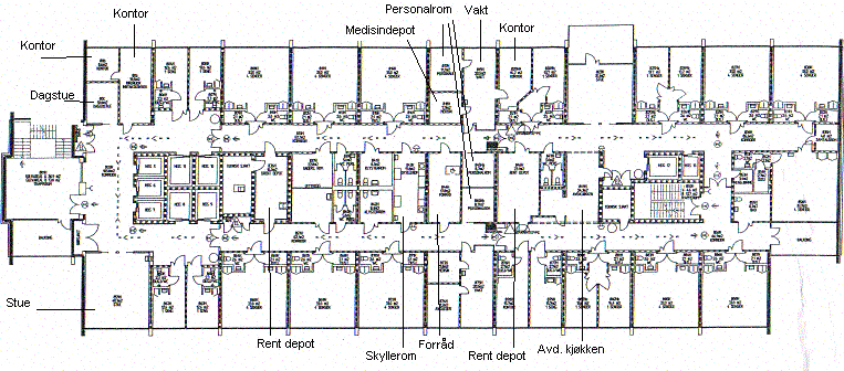 Figur 5 Lillehammer sykehus, plantegning av sengepost (Nørve, 2004) Konstruksjon og materialer Sykehusene ble bygd i både plasstøpt betong med bærende yttervegger og plasstøpte vegger, og