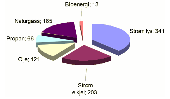 Figur 7. Energiforbruk i veksthus i 2007, totalt forbruk: 0,9 TWh.