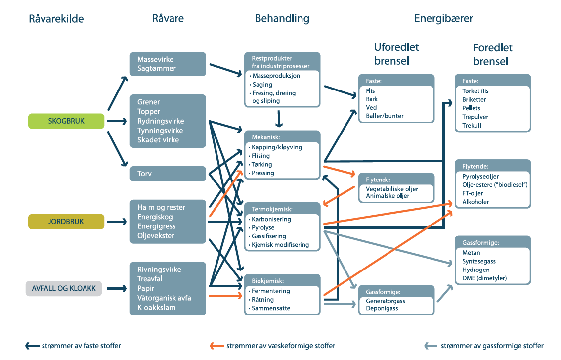 Figur 1 Foredlingsveier for biomasse til energi Kilde: Fornybar energi (www.fornybar.