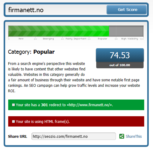 Generell synlighet (pagerank) En god start er å sjekke den generelle synligheten på siden.