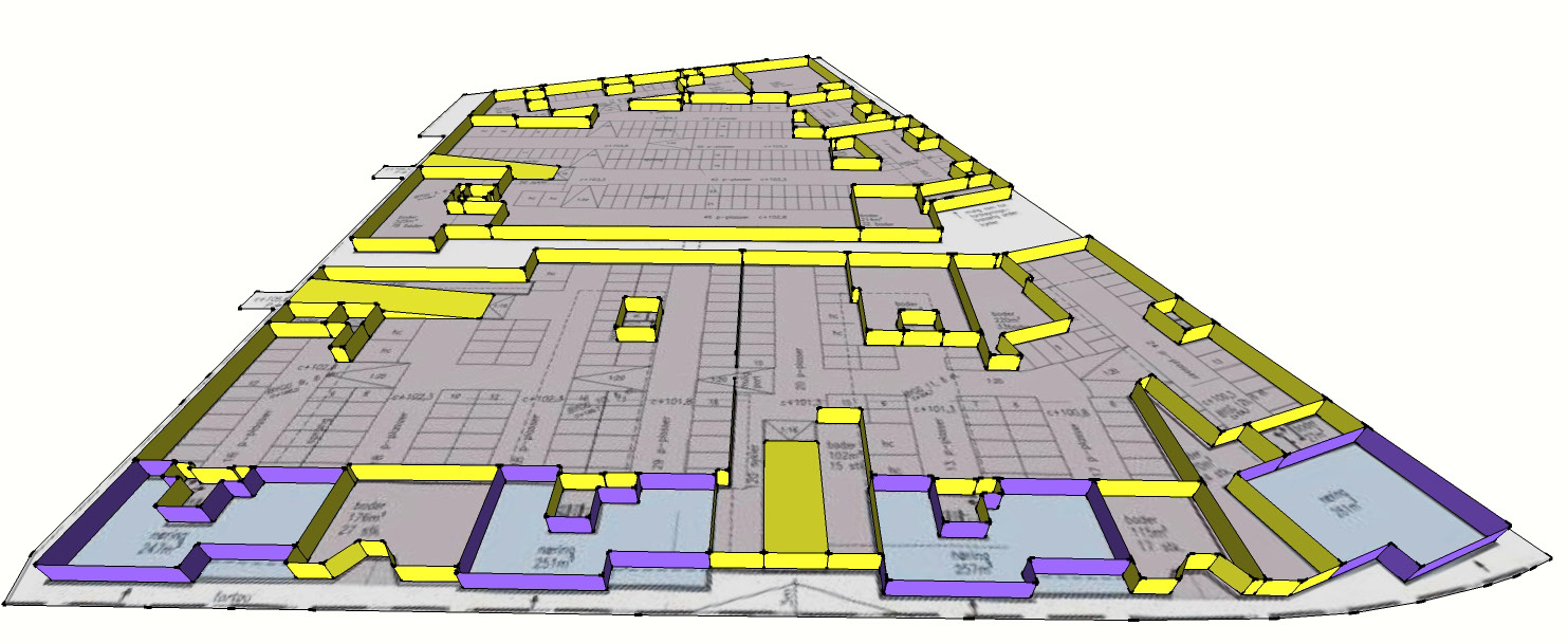 NIVÅ I REGULERINGSPLANEN For å diskutere rundt mulighetene ved å ha en reguleringsplan i 3D ønsket jeg å øke kompleksiteten i modellen ved å tilføre planene for parkeringsanlegget for det ene