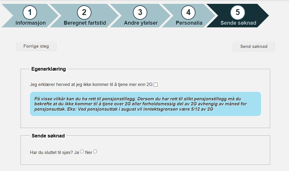 I femte og siste steg trenger vi informasjon om din fremtidige inntekt i forbindelse med beregning av pensjonstillegg.