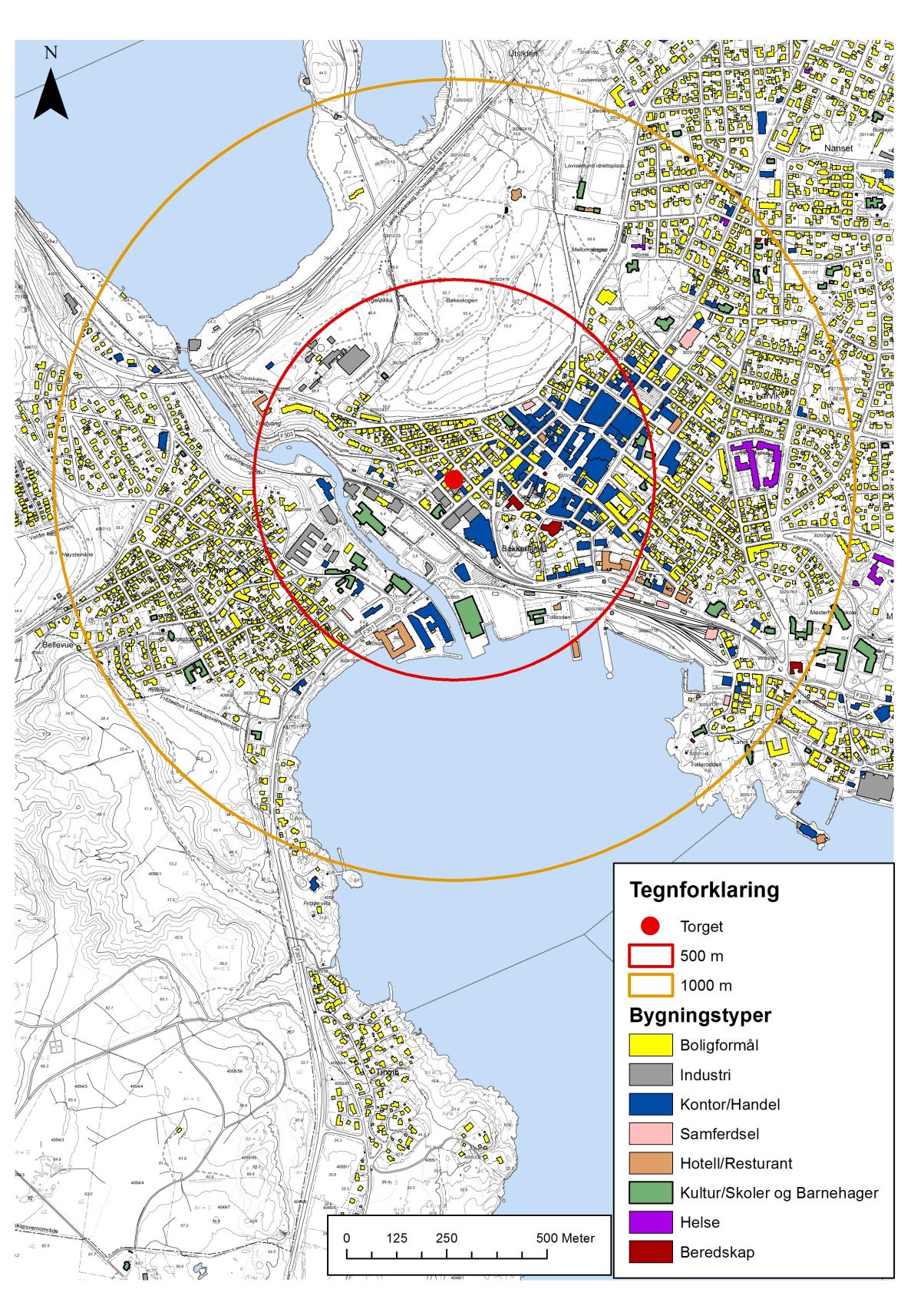 Presentasjon av de ulike alternativene 5.2 Alternativ Torget Figur 5-11: Kartet viser stasjonsplasseringen ved Torget med radier på 500- og 1000 m.