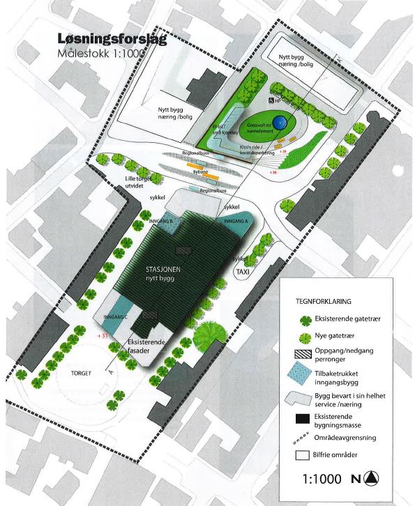 Presentasjon av de ulike alternativene 5.2 Alternativ Torget Figur 5-13: Oversikt over hvordan et stasjonsområde kan inkluderes midt i sentrum.