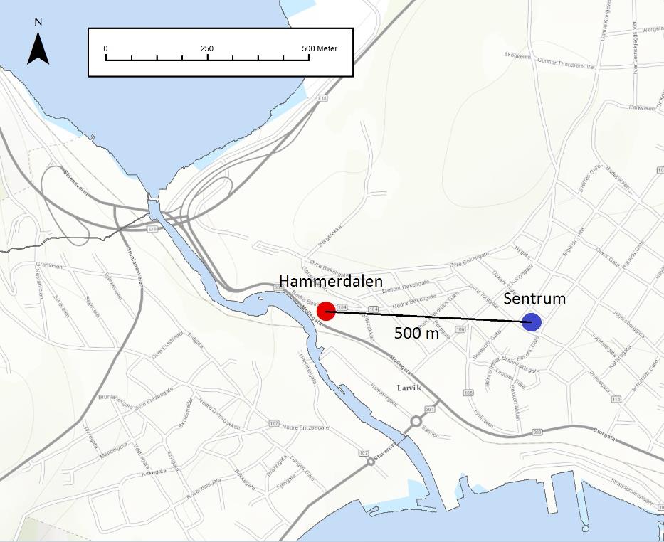 5.3 Alternativ Hammerdalen Presentasjon av de ulike alternativene Tilgjengelighet for fotgjengere og syklister I luftlinje vil avstanden mellom Torget og plasseringen i Hammerdalen være på ca.