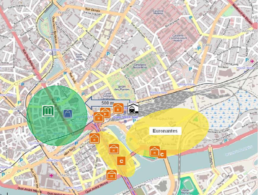 Presentasjon av de ulike alternativene 5.3 Alternativ Hammerdalen Figur 5-20: Kartet viser utviklingen i Nantes etter utbyggingen av ny stasjon.