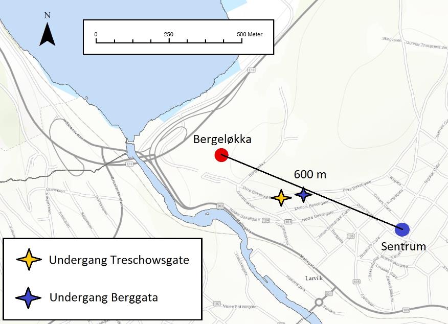 5.4 Alternativ Bergeløkka Presentasjon av de ulike alternativene Tilgjengelighet for fotgjengere og syklister Avstanden fra Bergeløkka til sentrum er på ca.