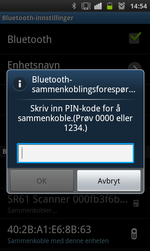 4.1.2.2 Android For å koble strekkodeleseren til android telefonen/paden er det viktig at du har aktivert bluetooth på enhetendin.