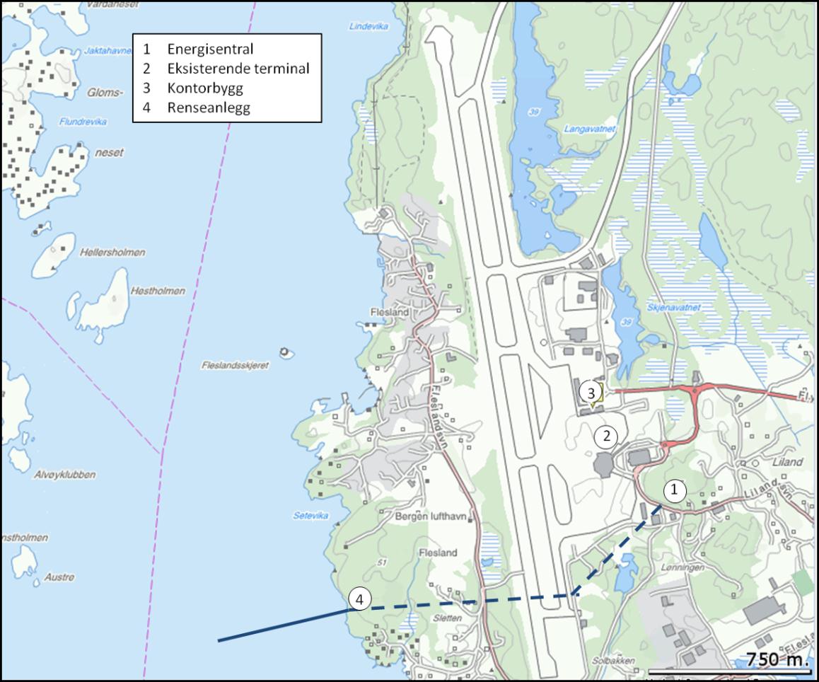 Kart over området med trasé for sjøvannsledning Sjøvannsledningen fra terminalområdet til sjøkanten er klamret til avløps-tunellveggen.