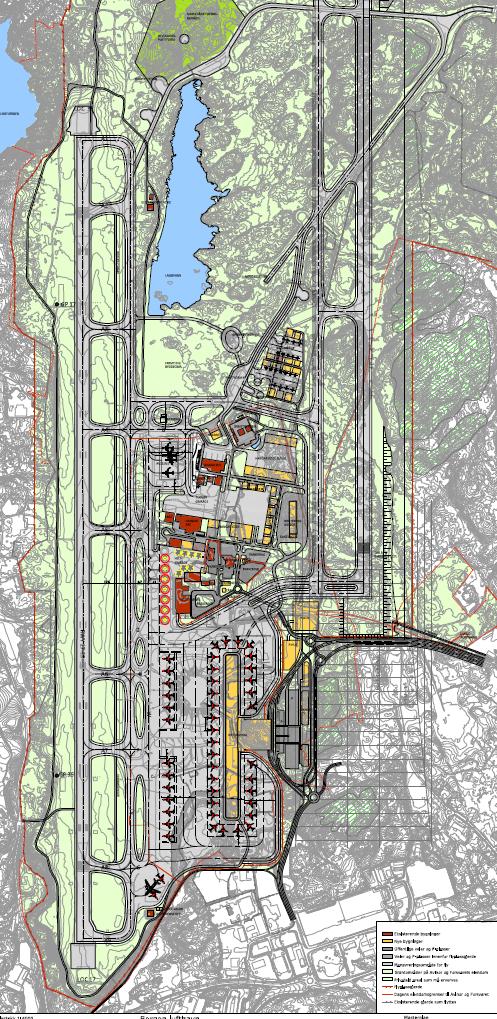 Masterplan for Bergen lufthavn, Flesland: Illustrasjon som viser planlagt fremtidig utforming av lufthavnen, ferdigstilt innen år 2060 Masterplanen skal til en hver tid både være et verktøy for