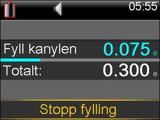 4. Når kanylen begynner å fylles, vises antallet enheter som tilføres, på skjermbildet. Pumpen avgir lydsignaler eller vibrerer når tilførselen er ferdig. Etter at kanylen er fylt, vises startbildet.