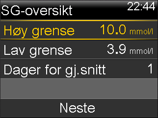 Slik går du gjennom sensorglukoseloggen: 1. Gå til skjermbildet SG-oversikt. Meny > Logg > Sensorglukoseoversikt Skjermbildet SG-oversikt vises.