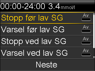 7. Still inn følgende etter behov: a. Velg Stopp før lav SG hvis insulintilførselen skal stoppes før den nedre grensen nås. Varsel ved lav SG-varselet aktiveres automatisk og kan ikke deaktiveres. b. Velg Varsel før lav SG hvis du vil motta et varsel før den nedre grensen nås.