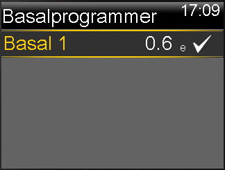 For å: Vise gjeldende basaldose Gjør du følgende: Gå til skjermbildet Basal: Startbildet > Basal Det aktive basalprogrammet og den gjeldende basaldosen vises øverst på skjermbildet Basal.