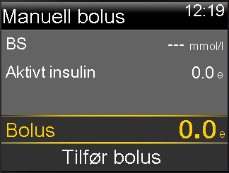 Slik tilfører du en vanlig bolus med Manuell bolus: 1. Gå til skjermbildet Manuell bolus. Startbildet > Bolus > Manuell bolus Merk!