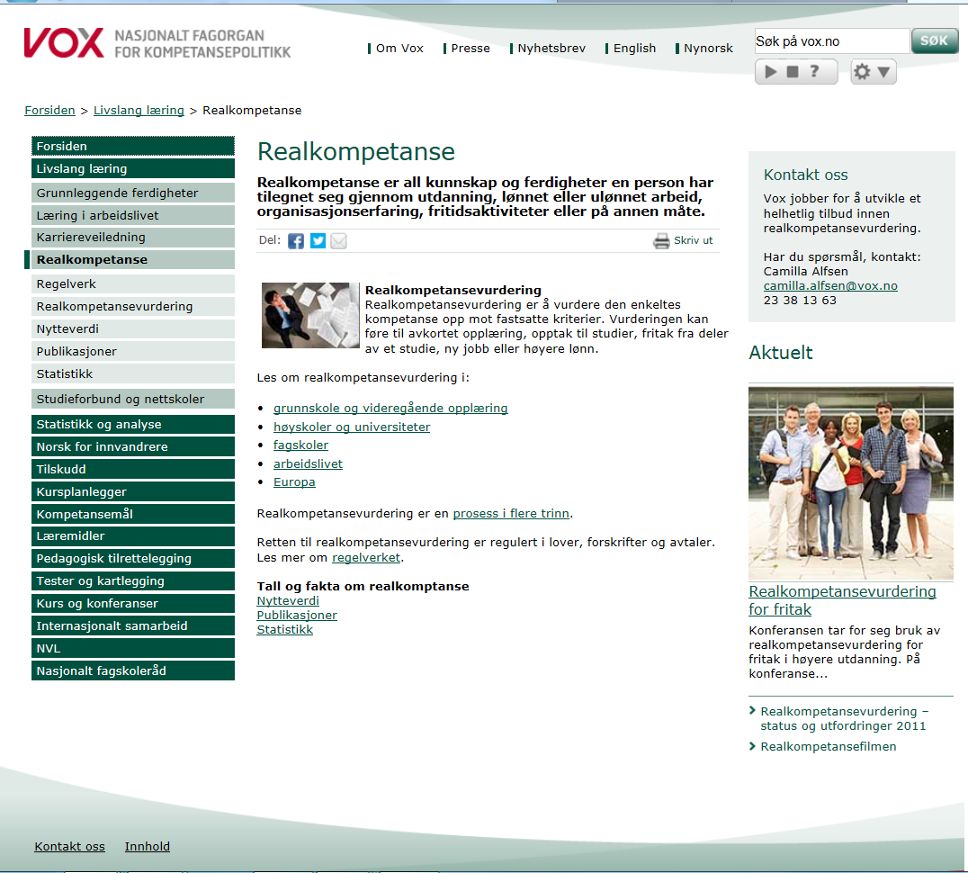 Vox.no/realkompetanse oversikt egen side om høyskoler og universiteter