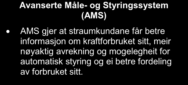 8.4 Straumnettet i framtida I 2011 kom NVE med ei forskrift som pålegg alle nettselskapa i landet å innføre Avanserte Måleog Styringssystemer (AMS) innan 2017.