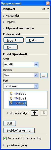 E.7.. Endre eller fjerne en tilpasset animasjon Det er mulig å endre eller fjerne en animasjon. Hvis du vil at objektet skal vises straks lysbildet vises, må objektet ikke ha noen animasjon.