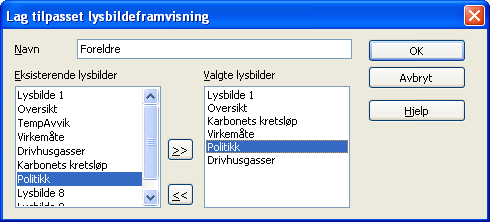 1 4 6 5b 7 5a a g c d b f e Figur E.7: Tilpasset framvisning. Se oppskrift forrige side. a) Lag en tilpasset framvisning som du kaller «Publikum», sammensatt av lysbildene -1-5-4 i nevnte rekkefølge.