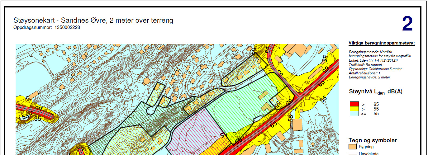 STØYUTREDNING 11 Figur 5 Støysonekart med vegtrafikkstøy, 2 meter over terreng. Støysonekart med beregningshøyde 2 meter over terreng er vist i figur 5.