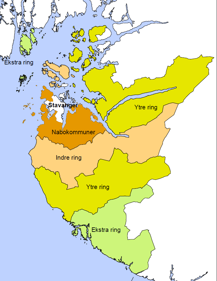 Figur 2.1. Stavanger-regionens områdeinndeling. To av de seks kommunene som denne studien skal fokusere på, Sola og Randaberg, er i kategorien nabokommuner, sammen med Sandnes.