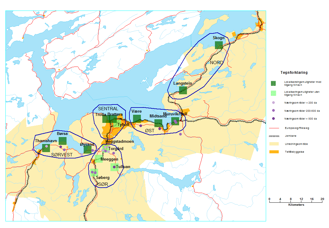 2.3.5. Geografiske områder for ulike konsept Oversiktskartet nedenfor viser områdene som ble spilt inn som mulig lokalisering av nytt logistikknutepunkt.