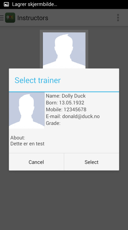 Instruktør Figur 68 Instruktørknappen i applikasjonen Her vil instruktørene listes med bilde og navn, klikker du på en av instruktørene vil det dukke opp mer informasjon om dem.