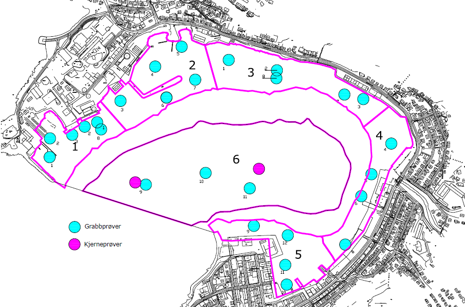 Figur 2. Inndeling av delområder i Hammerfest havn. Delområde 1 til 5 representerer grunnområdet, mens delområde 6 representerer dypområdet. Hvert område er risikovurdert mht.