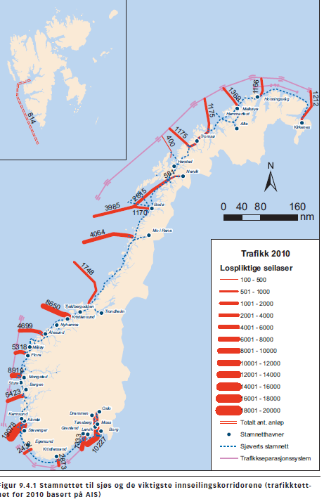 13 Figuren nedenfor illustrerer antallet lospliktige seilaser langs kysten i 2010: Avhengig av skipstype har rederinæringen oppgitt av avgiftene inklusive prisene for bruk av havn utgjør 30-50% av