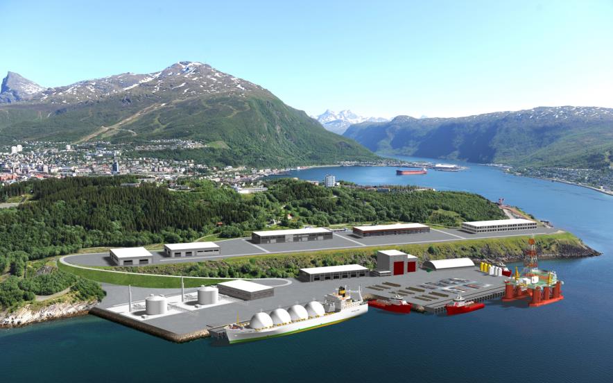 Illustrasjon som viser hvordan et LNG-anlegg kan lokaliseres i Narvik.